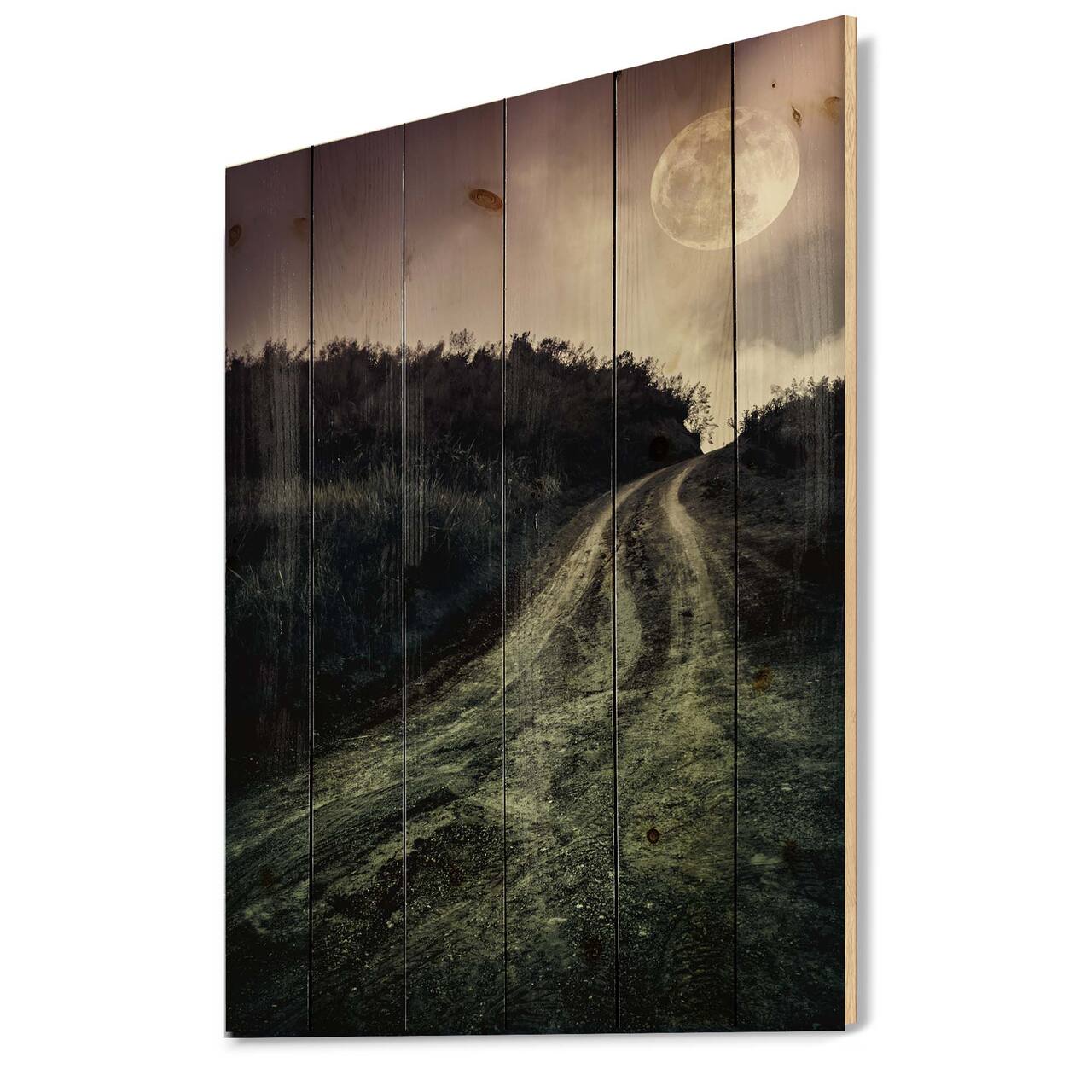 Designart - Muddy Road Under Full Moon - Modern Print on Natural Pine Wood